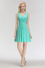 Cute V-Neck Sleeveless Short Chiffon Affordable Bridesmaid Dresswith Ruffle