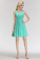 Cute V-Neck Sleeveless Short Chiffon Affordable Bridesmaid Dresswith Ruffle