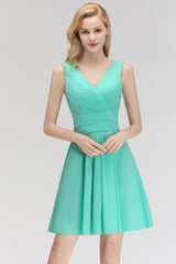 Cute V-Neck Sleeveless Short Chiffon Affordable Bridesmaid Dresswith Ruffle