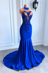 Gorgeous Royal Blue High Neck Sleeveless Mermaid Prom Dresses with Beads