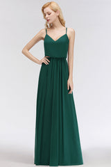 Dark Green Chiffon Spaghetti-Straps Modest Bridesmaid Dress Online