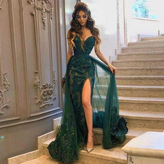 Dark Green Mermaid Prom Dress Tulle Skirt Split With Appliques