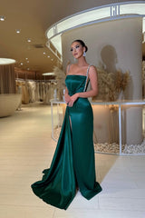 Dark Green Prom Dress Straps Mermaid Long With Slit