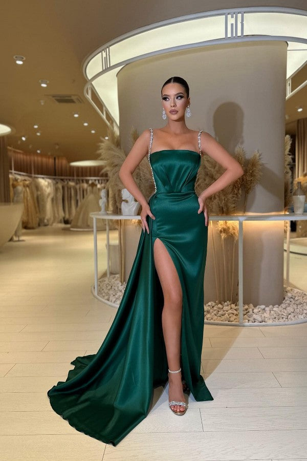 Dark Green Prom Dress Straps Mermaid Long With Slit