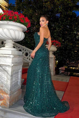 Dark Green Sequins Prom Dresses Mermaid Slit Long Sweetheart