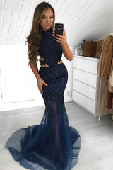 Dark Navy Halter Mermaid Prom Dress Long With Appliques