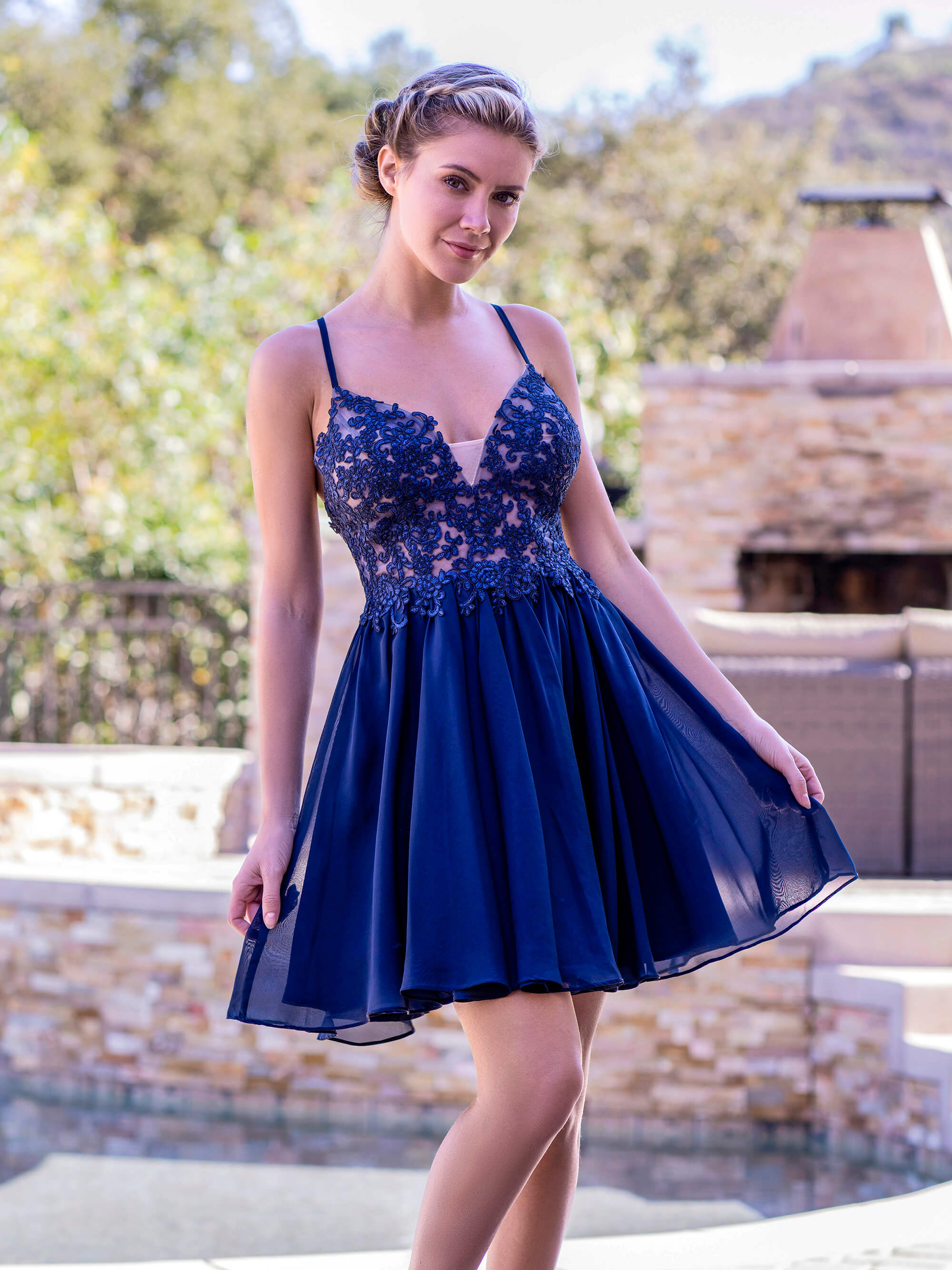 Deep V-Applique Back Lace-Up Mini-Length Homecoming Dress