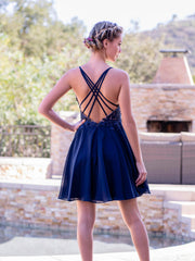 Deep V-Applique Back Lace-Up Mini-Length Homecoming Dress