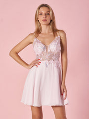 Deep V-Applique Lace Mini-Length Homecoming Dress