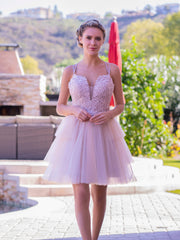 Deep V-Neck Appliqued Tulle Mini-Length Homecoming Dress