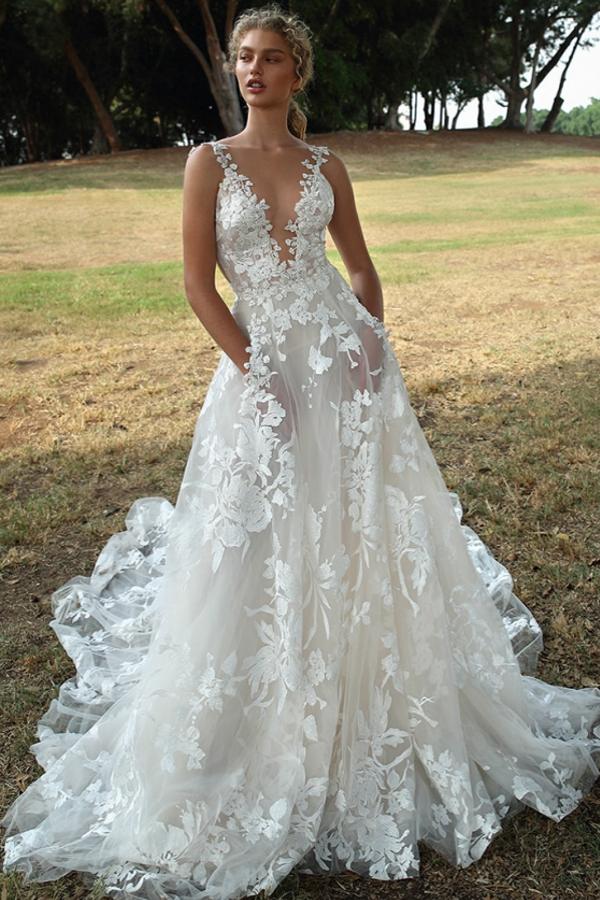 Deep V-Neck Appliques Wedding Dress Sleeveless Online