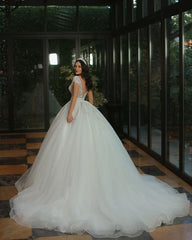 Deep V-Neck Cap Sleeves Wedding Dress Ball Gown With Beads