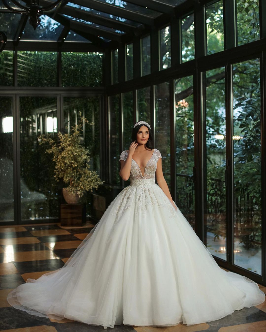 Deep V-Neck Cap Sleeves Wedding Dress Ball Gown With Beads