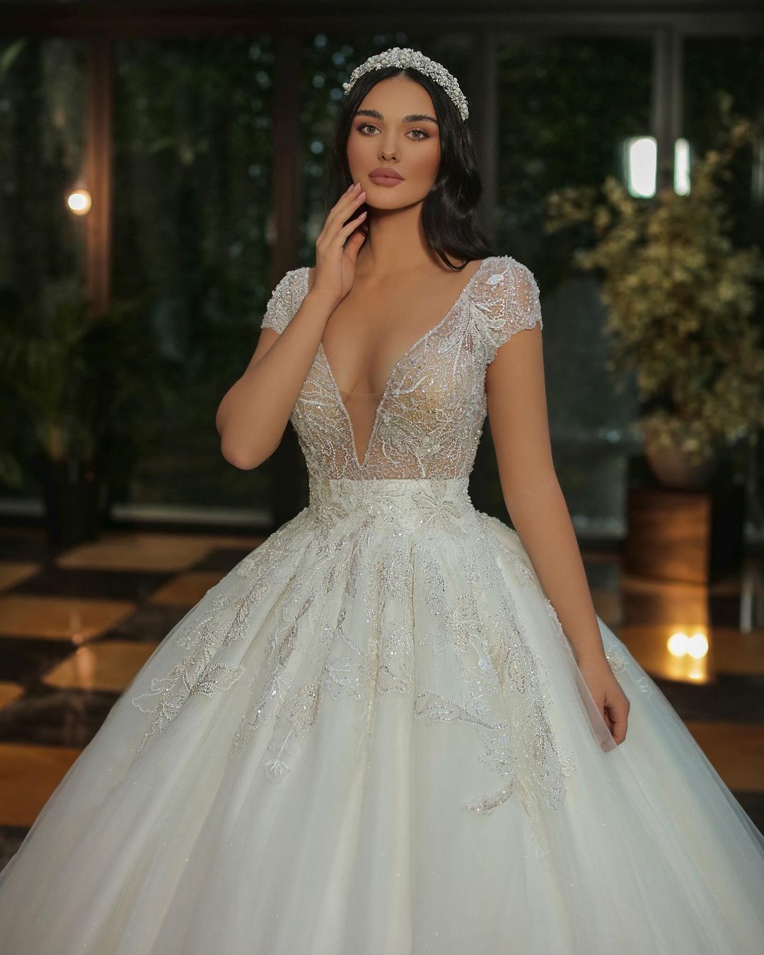 Deep V-Neck Cap Sleeves Wedding Dress Ball Gown With Beads