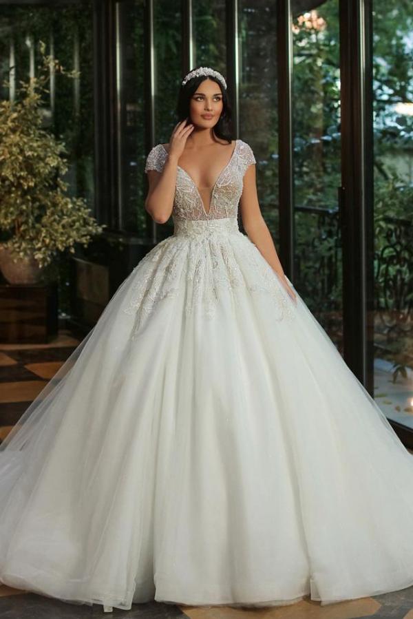 Deep V-Neck Cap Sleeves Wedding Dress Ball Gown With Beads