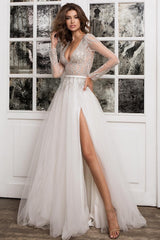 Deep V-Neck Wedding Reception Dress Split Long Sleeves With Beads