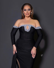 Deluxe Black Floor-Length Long Sleeve Mermaid Satin Prom Dress with Beaded Accents