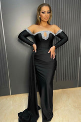 Deluxe Black Floor-Length Long Sleeve Mermaid Satin Prom Dress with Beaded Accents