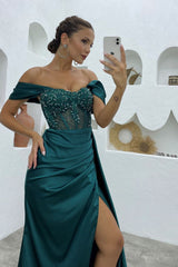 Beautiful Floor Length Off-The-Shoulder Sleeveless Mermaid Satin Prom Dress with Split