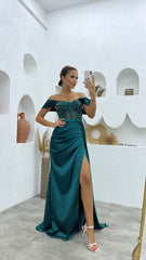 Beautiful Floor Length Off-The-Shoulder Sleeveless Mermaid Satin Prom Dress with Split