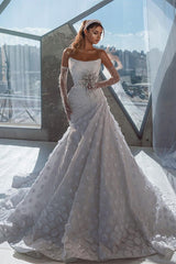 Deluxe Floor-Length Strapless Sleeveless Sequined Wedding Dress with Ruffled Accents