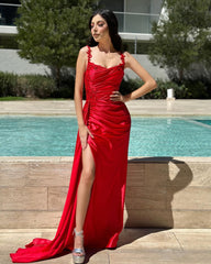 Designer Column Satin Off-the-Shoulder Sleeveless Flowy Prom Dress with Ruffles and Split Front