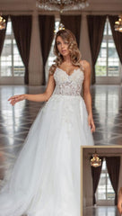 Designer Elegant A-line V-neck Tulle Sleeveless Bridal Gown With Delicate Lace