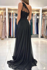 Designer Long Midnight Black Evening Dresses Stylish One Shoulder Lace Prom Gowns With Slit