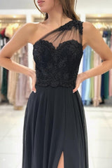 Designer Long Midnight Black Evening Dresses Stylish One Shoulder Lace Prom Gowns With Slit