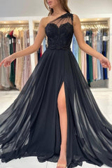 Designer Long Midnight Black Evening Dresses Stylish One Shoulder Lace Prom Gowns With Slit