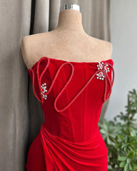 Designer Floor-Length Column Red Strapless Velvet Jewels Prom Dress
