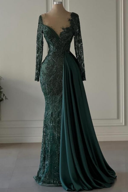 Designer Long Dark Green V-neck Lacy Mermaid Prom Dress with Graceful Long Sleeves