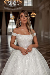 Elegant Designer Princess Long White Off-the-shoulder Glittering A-line Wedding Gown