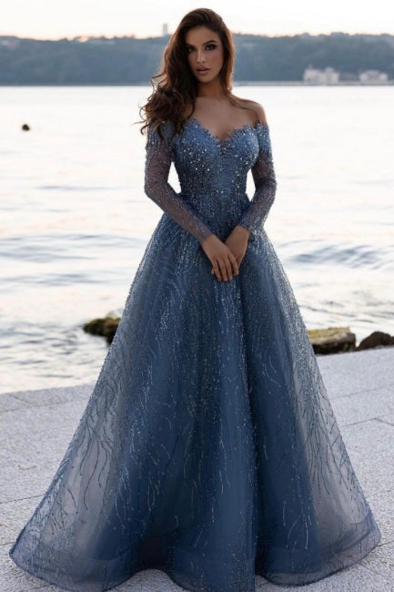 Dusty Blue Sequined A-Line Prom Gown with Long Sleeves and Sweetheart Neckline