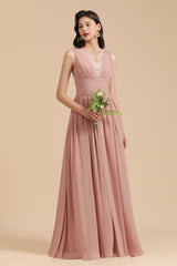 Dusty Rose Chiffon V-Neck Bridesmaid Dress Long