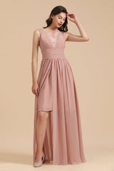 Dusty Rose Chiffon V-Neck Bridesmaid Dress Long