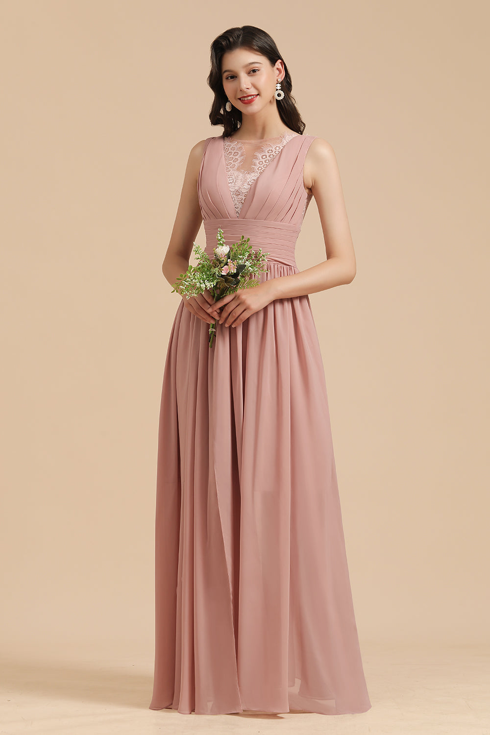 Dusty Rose Chiffon V-Neck Bridesmaid Dress Long