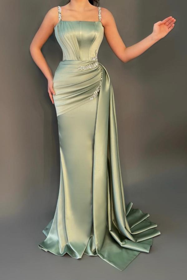 Dusty Sage Straps Prom Dress Mermaid Sleeveless With Beads