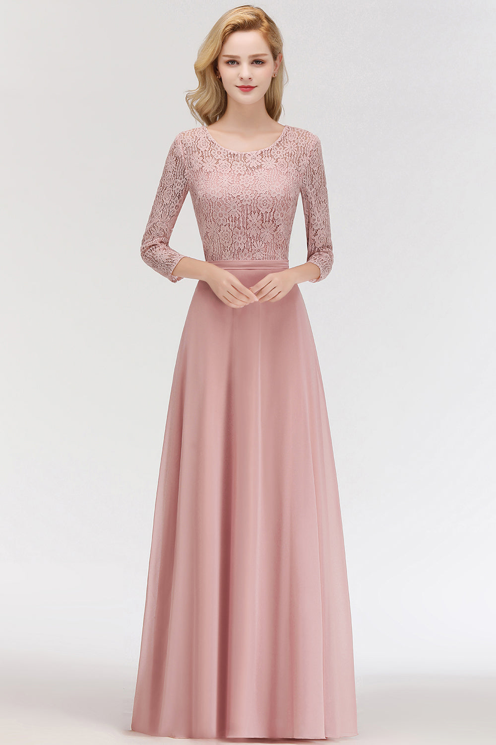 Elegant 3/4 Sleeves Lace Long Dusty Rose Bridesmaid Dresses Online