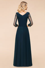 Elegant 3/4 Sleeves Ruffle Navy Chiffon Bridesmaid Dresses with Beadings