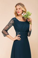 Elegant 3/4 Sleeves Ruffle Navy Chiffon Bridesmaid Dresses with Beadings