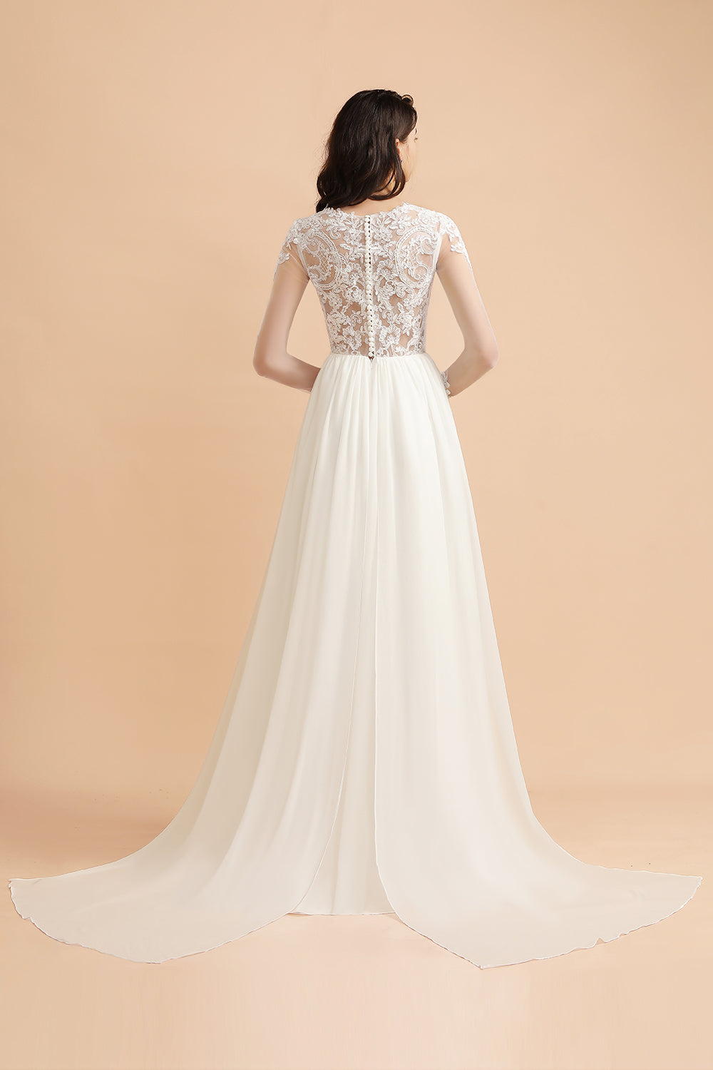 Elegant A-Line Chiffon Lace Wedding Dress Long Sleeves Jewel Ruffles Bridal Gowns On Sale