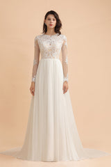 Elegant A-Line Chiffon Lace Wedding Dress Long Sleeves Jewel Ruffles Bridal Gowns On Sale