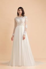 Elegant A-Line Chiffon Lace Wedding Dress Long Sleeves Jewel Ruffles Bridal Gowns On Sale