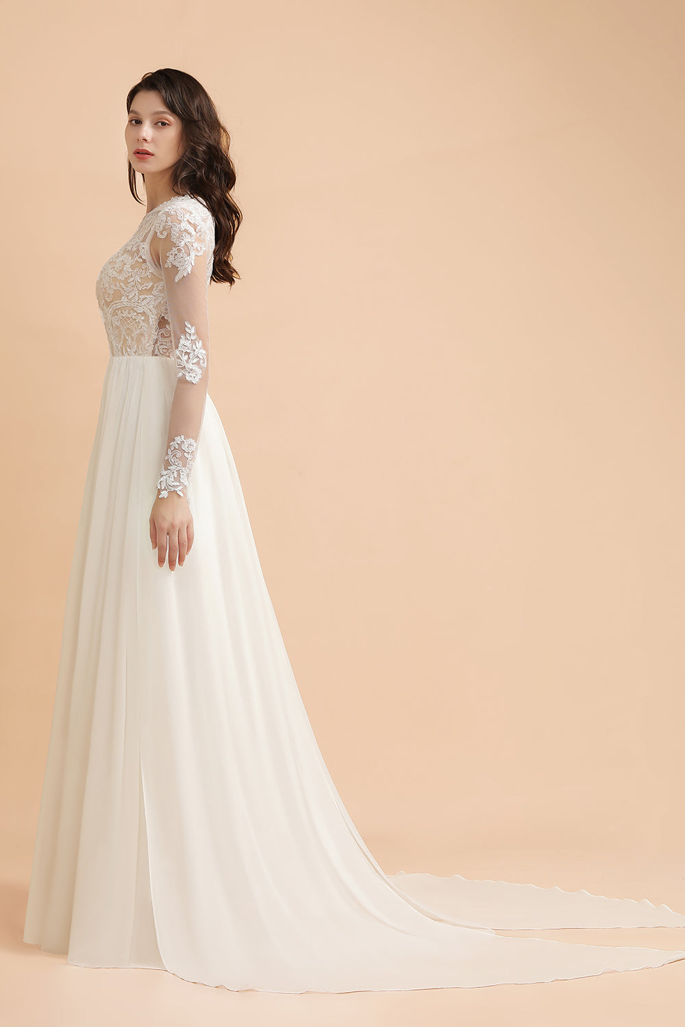 Elegant A-Line Chiffon Lace Wedding Dress Long Sleeves Jewel Ruffles Bridal Gowns On Sale