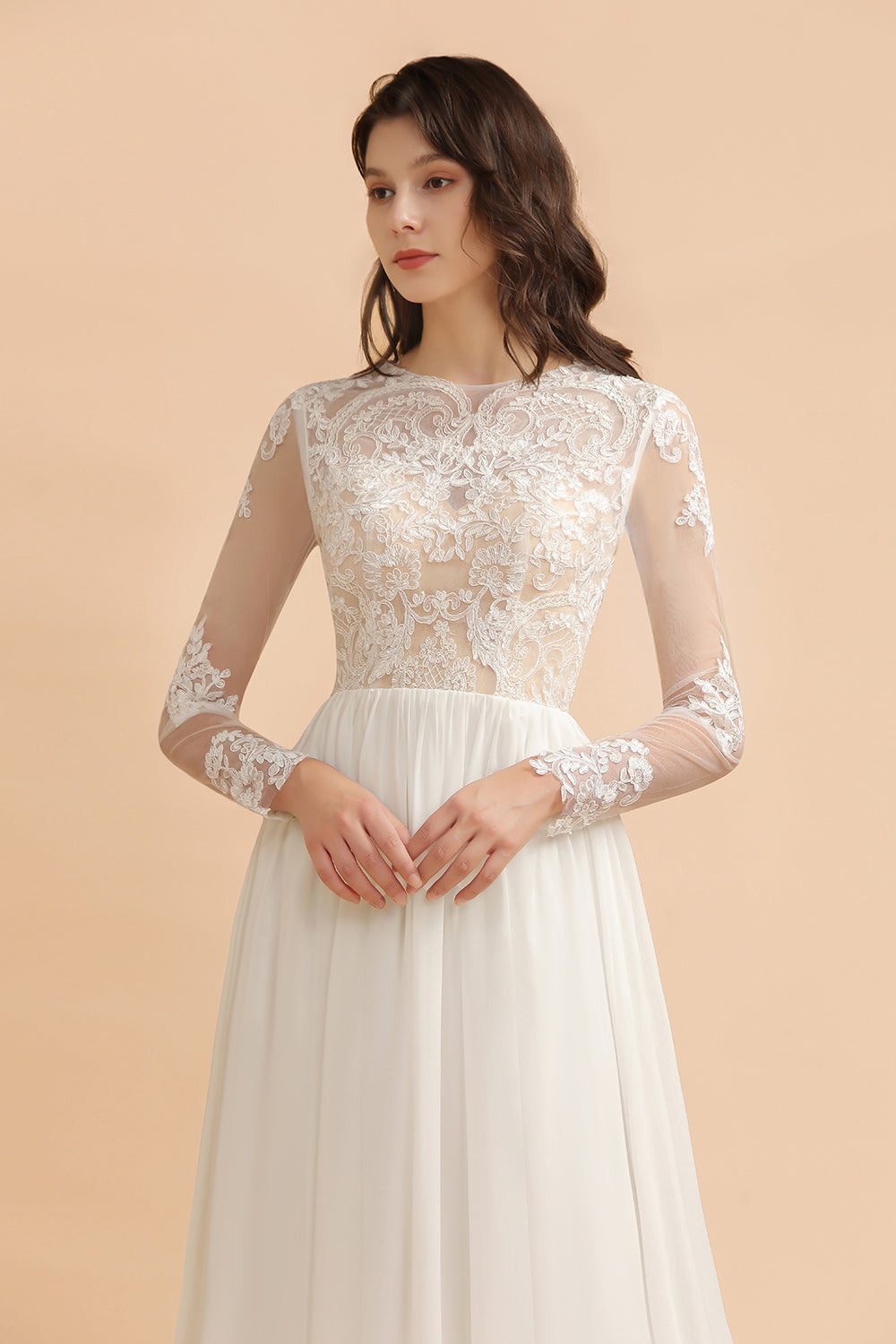 Elegant A-Line Chiffon Lace Wedding Dress Long Sleeves Jewel Ruffles Bridal Gowns On Sale