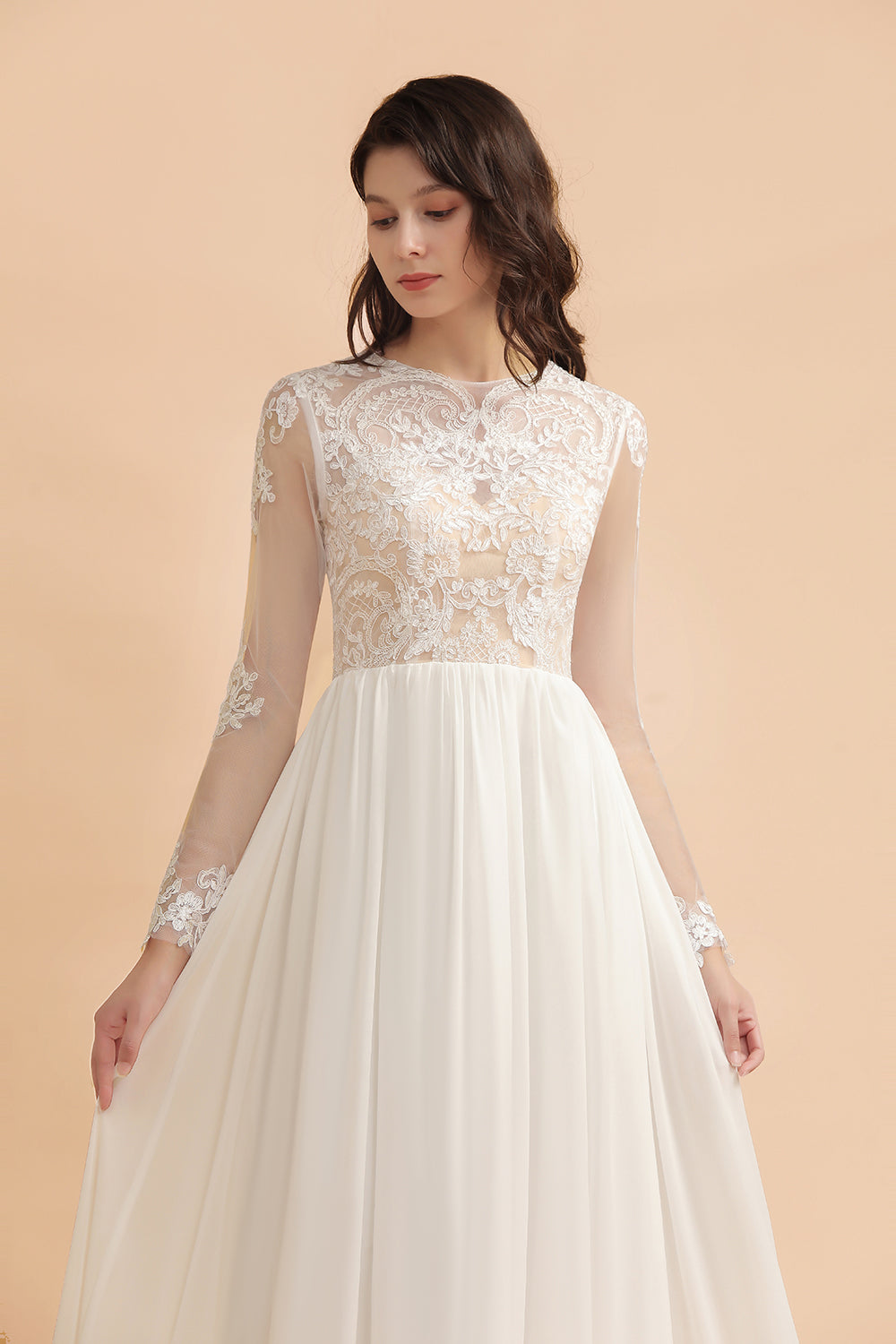 Elegant A-Line Chiffon Lace Wedding Dress Long Sleeves Jewel Ruffles Bridal Gowns On Sale