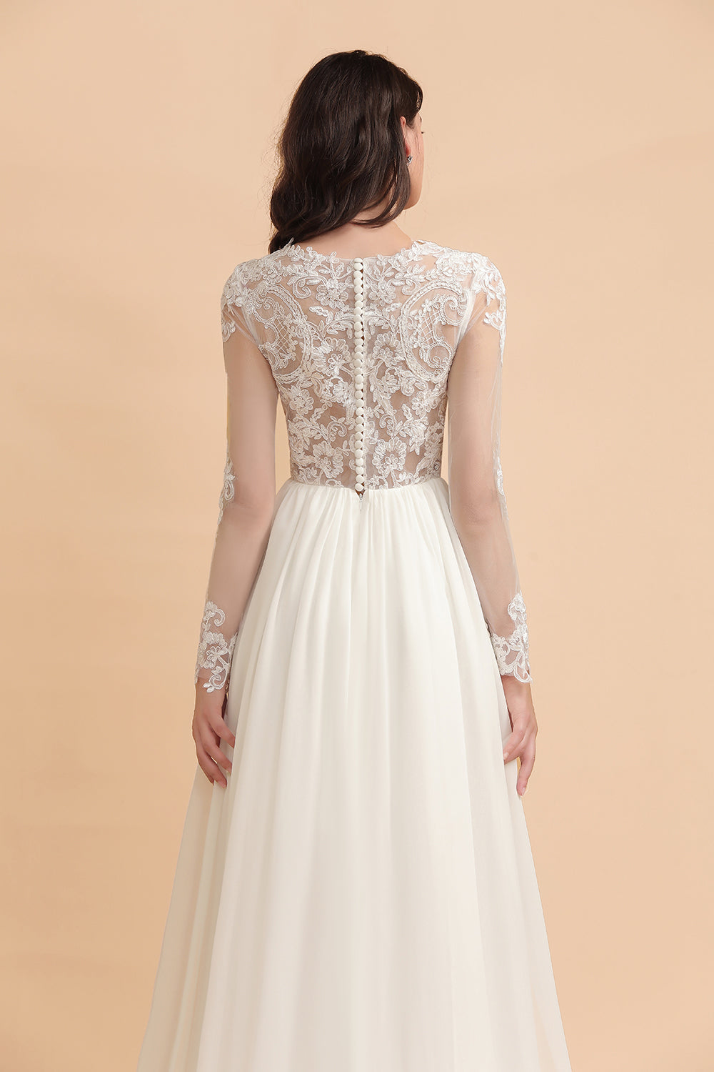 Elegant A-Line Chiffon Lace Wedding Dress Long Sleeves Jewel Ruffles Bridal Gowns On Sale