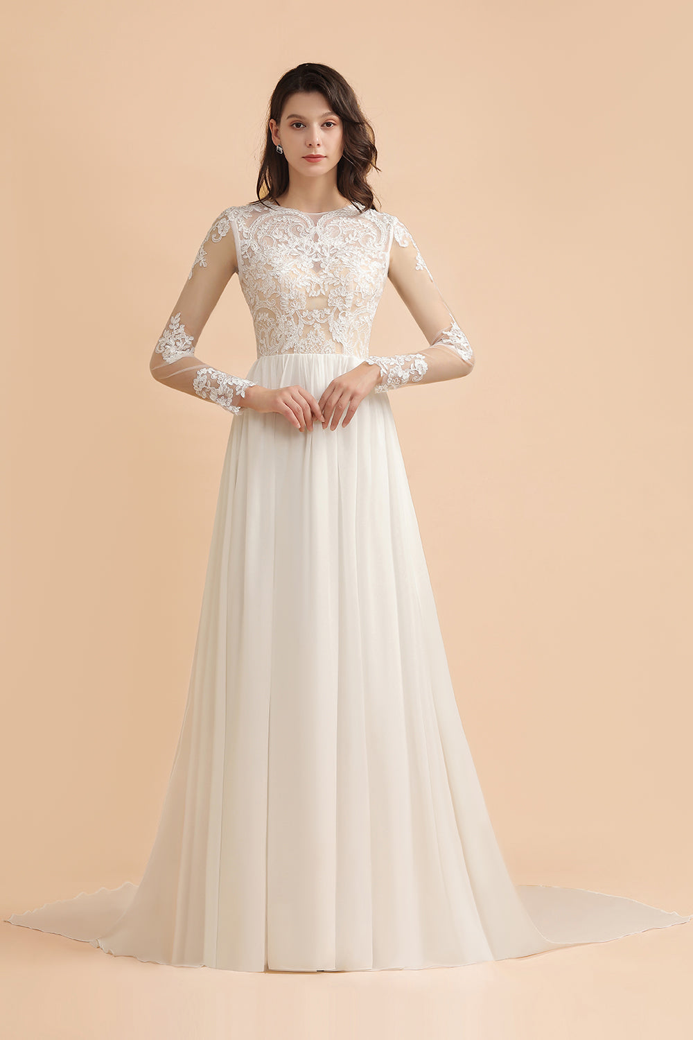 Elegant A-Line Chiffon Lace Wedding Dress Long Sleeves Jewel Ruffles Bridal Gowns On Sale