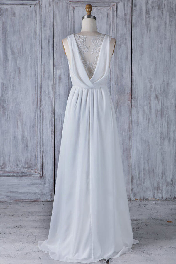 Elegant A-Line Chiffon Wedding Dress Appliques Ruffles Draped Back Bridal Gowns Online